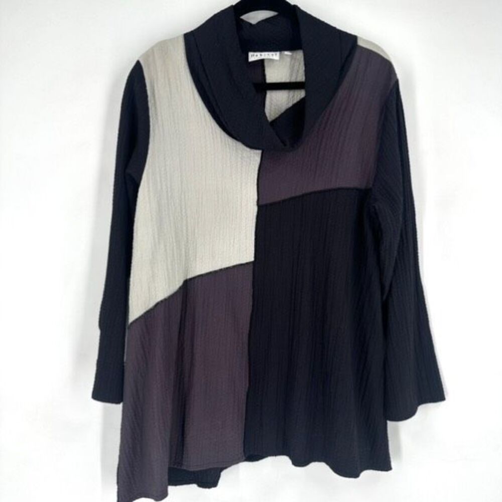 Habitat Asymmetric Hem Colorblock Boho‎ Tunic Top Medium Exposed Seam Gray Black
